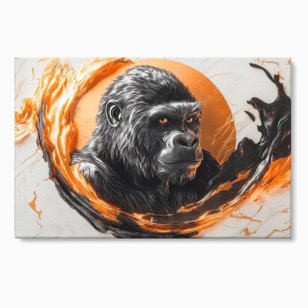 Tablou canvas cu tablou canvas cu gorila si cerc de foc, fara rama, pe sasiu de lemn